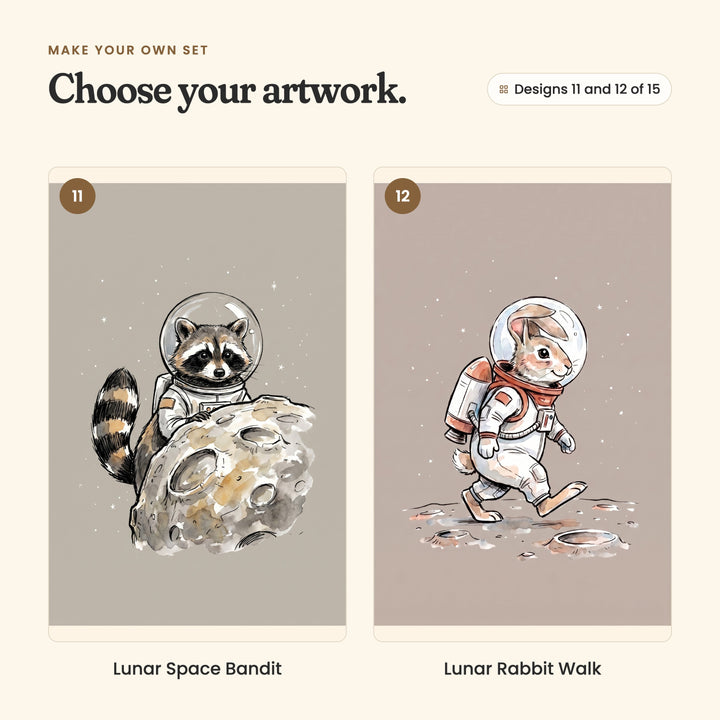 Designs 11 and 12 of 15: Lunar Space Bandit, a raccoon in a space suit peeking over a big moon rock, and Lunar Rabbit Walk, a rabbit in a space suit striding across the cratered moon