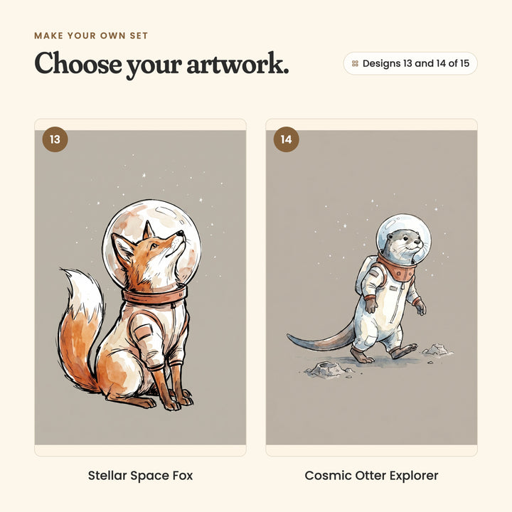 Designs 13 and 14 of 15: Stellar Space Fox, a red fox in a space suit sitting with its bushy tail curled, and Cosmic Otter Explorer, an otter in a space suit walking on the moon