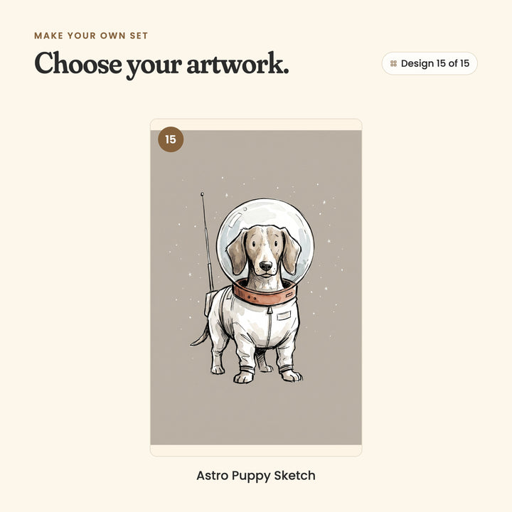 Design 15 of 15: Astro Puppy Sketch, a long-eared puppy in a space suit with an antenna on its back