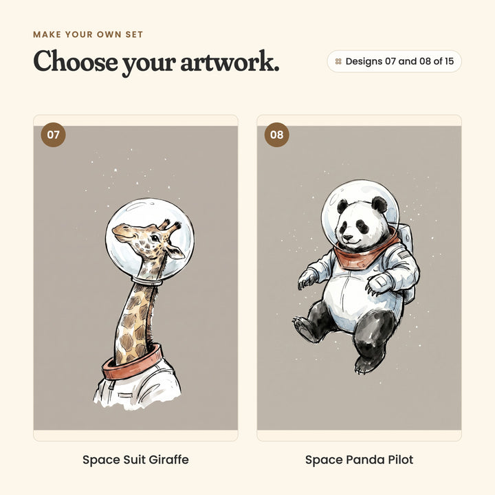 Designs 07 and 08 of 15: Space Suit Giraffe, a giraffe with its long neck rising out of a space suit, and Space Panda Pilot, a panda in a space suit floating along