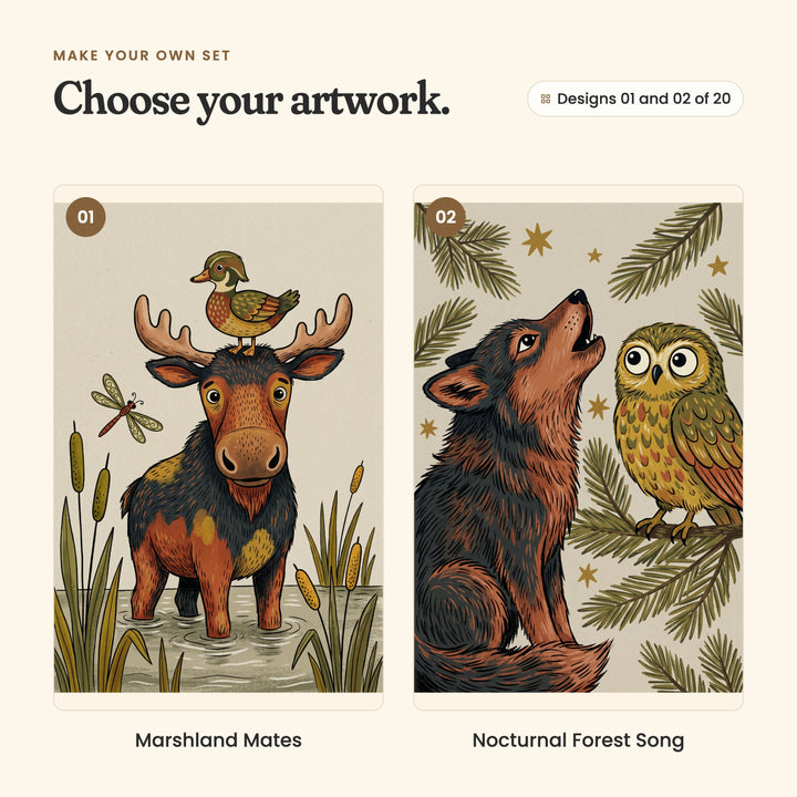 Designs 01 and 02 of 20: Marshland Mates, a moose in marsh water with a wood duck on its antlers among cattails, and Nocturnal Forest Song, a wolf howling beside an owl on a pine branch under the stars