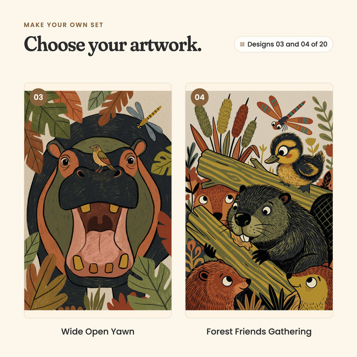 Designs 03 and 04 of 20: Wide Open Yawn, a hippo yawning wide with a little bird on its nose, and Forest Friends Gathering, beavers around a log with a duckling on top