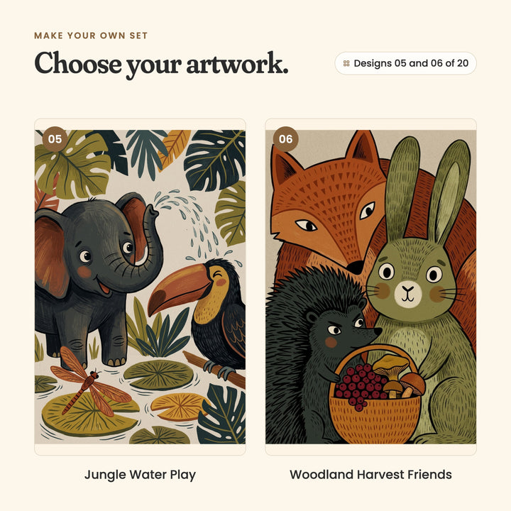 Designs 05 and 06 of 20: Jungle Water Play, an elephant spraying water beside a toucan among lily pads, and Woodland Harvest Friends, a fox, a hedgehog and a rabbit with a basket of berries and mushrooms
