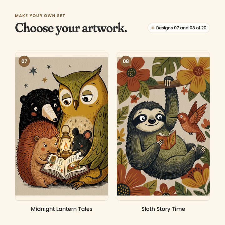 Designs 07 and 08 of 20: Midnight Lantern Tales, a badger, a hedgehog, a mouse and an owl reading a book by a lantern, and Sloth Story Time, a sloth hanging from a branch reading a book with a hummingbird
