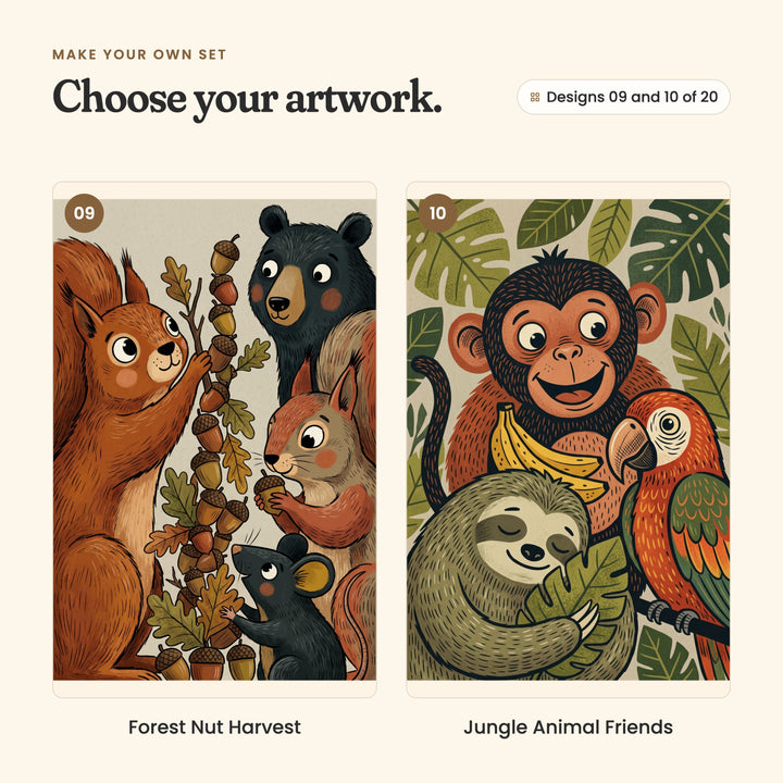 Designs 09 and 10 of 20: Forest Nut Harvest, two squirrels, a black bear and a mouse with acorns on an oak sprig, and Jungle Animal Friends, a monkey with bananas beside a sloth and a scarlet macaw