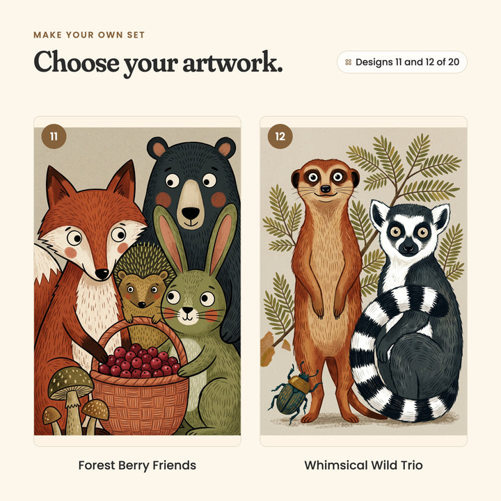 Designs 11 and 12 of 20: Forest Berry Friends, a fox, a bear, a hedgehog and a rabbit with a berry basket and mushrooms, and Whimsical Wild Trio, a meerkat beside a ring-tailed lemur and a beetle