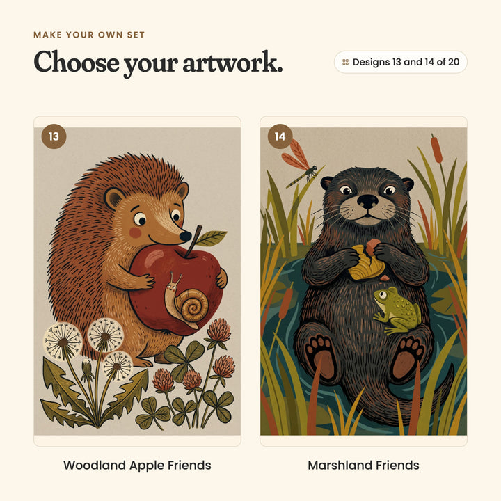 Designs 13 and 14 of 20: Woodland Apple Friends, a hedgehog hugging a big red apple with a snail, and Marshland Friends, an otter in a pond with a leaf and a frog