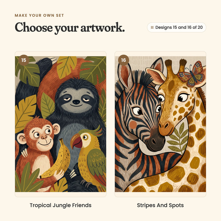 Designs 15 and 16 of 20: Tropical Jungle Friends, a monkey, a sloth and a parrot with a banana, and Stripes And Spots, a zebra and a giraffe cheek to cheek with a butterfly