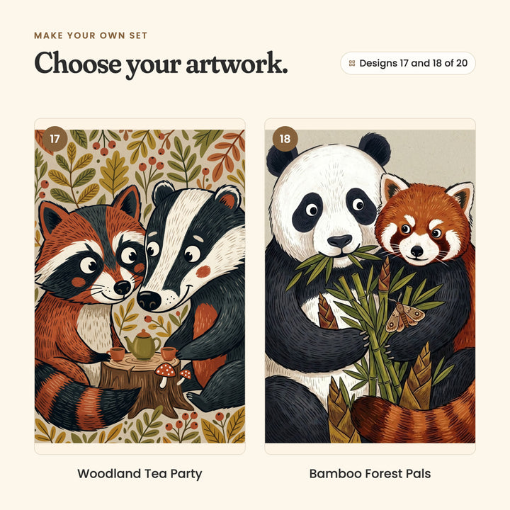Designs 17 and 18 of 20: Woodland Tea Party, a raccoon and a badger having tea on a tree stump, and Bamboo Forest Pals, a panda eating bamboo beside a red panda