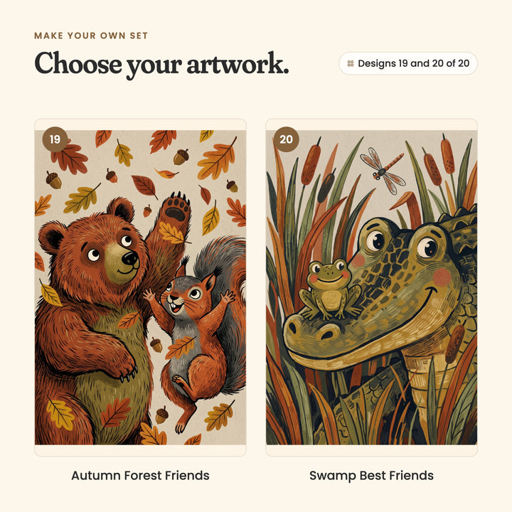 Designs 19 and 20 of 20: Autumn Forest Friends, a bear and a squirrel catching autumn leaves, and Swamp Best Friends, a smiling alligator with a frog on its snout among cattails