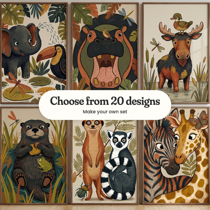 Six folk-art-style animal prints in walnut frames in two rows: an elephant spraying water beside a toucan, a hippo yawning with a bird on its nose, a moose in a marsh with a duck on its antlers, an otter in a pond with a frog, a meerkat beside a ring-tailed lemur and a zebra and giraffe cheek to cheek, with a label reading Choose from 20 designs, Make your own set