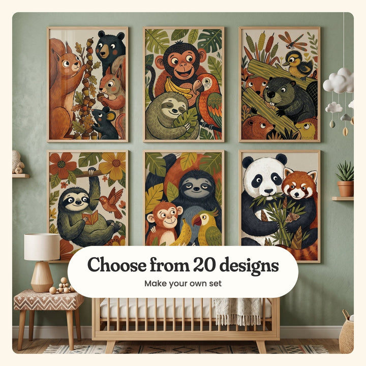 Nursery with a sage wall and six folk-art-style animal prints in light wood frames in two rows above a light wood crib, under a cloud mobile beside floating shelves: two squirrels with a bear and a mouse, a monkey with a sloth and a macaw, beavers with a duckling, a sloth reading a book, a monkey with a sloth and a parrot, and a panda with a red panda, labeled Choose from 20 designs, Make your own set