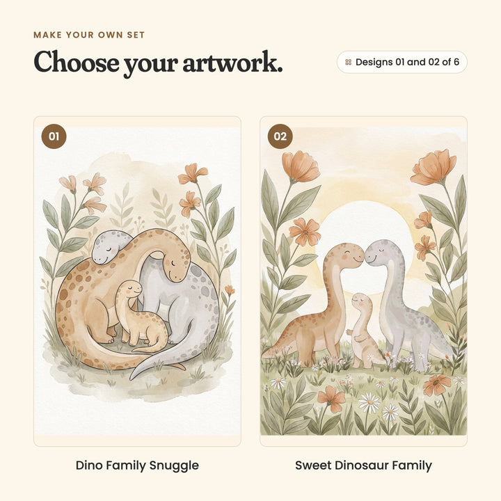 Designs 01 and 02 of 6: Dino Family Snuggle, a tan and a grey long-necked dinosaur curled around their little tan baby among flowers, and Sweet Dinosaur Family, the parents nose to nose before a pale sun with their baby between them