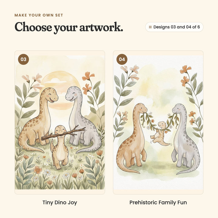 Designs 03 and 04 of 6: Tiny Dino Joy, the baby carrying a stick in its mouth past its smiling parents in a flower meadow, and Prehistoric Family Fun, the baby swinging from a leafy vine the parents hold in their mouths