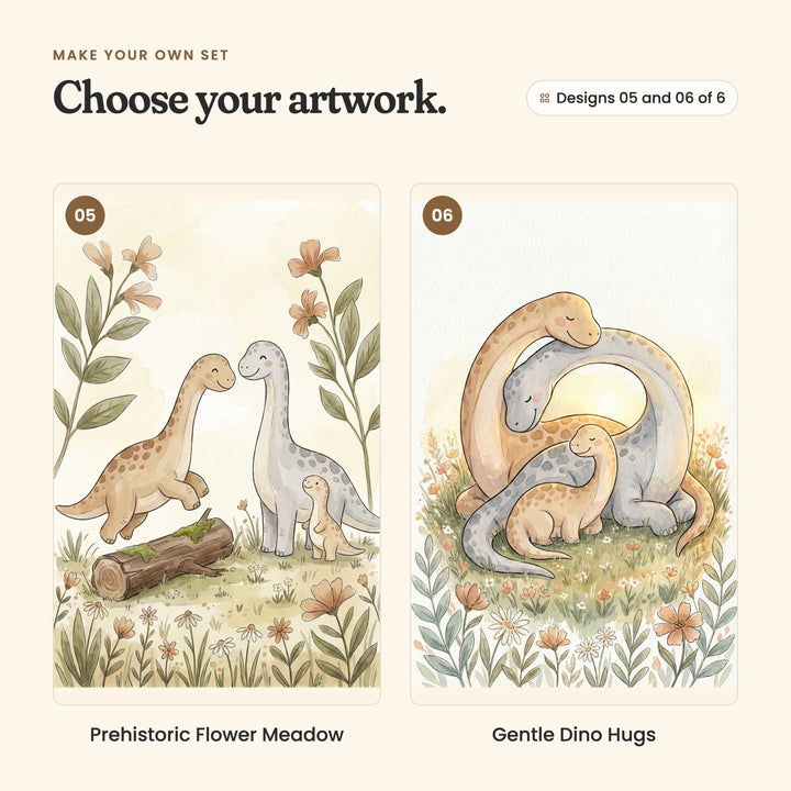 Designs 05 and 06 of 6: Prehistoric Flower Meadow, the tan parent leaping over a mossy log toward the grey parent and their baby, and Gentle Dino Hugs, the parents arching their long necks over their baby in a meadow at sunset
