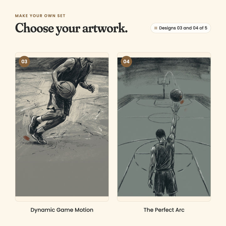 Designs 03 and 04 of 5: Dynamic Game Motion, a close view of a player driving forward while dribbling the ball, and The Perfect Arc, a player seen from behind releasing a shot, the ball arcing toward a far hoop