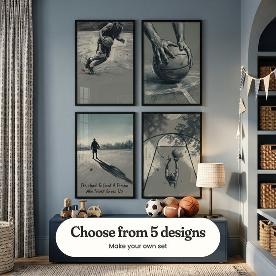 Blue room with four basketball prints in black frames in two rows above a navy cabinet with a wooden toy train, a wooden toy car, a soccer ball, a football, two basketballs and a table lamp, beside built in shelves with woven baskets, pennant bunting and a patterned curtain: Dynamic Game Motion, Game Point Grip, Unbroken Spirit and Vertical Reach, with a label reading Choose from 5 designs, Make your own set