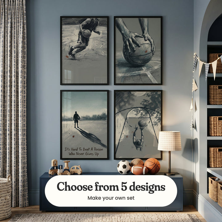 Blue room with four basketball prints in black frames in two rows above a navy cabinet with a wooden toy train, a wooden toy car, a soccer ball, a football, two basketballs and a table lamp, beside built in shelves with woven baskets, pennant bunting and a patterned curtain: Dynamic Game Motion, Game Point Grip, Unbroken Spirit and Vertical Reach, with a label reading Choose from 5 designs, Make your own set