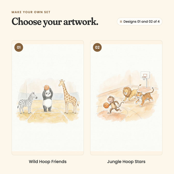 Designs 01 and 02 of 4: Wild Hoop Friends, a panda holding up a basketball between a zebra and a giraffe, and Jungle Hoop Stars, a monkey dribbling past a lion and a tiger