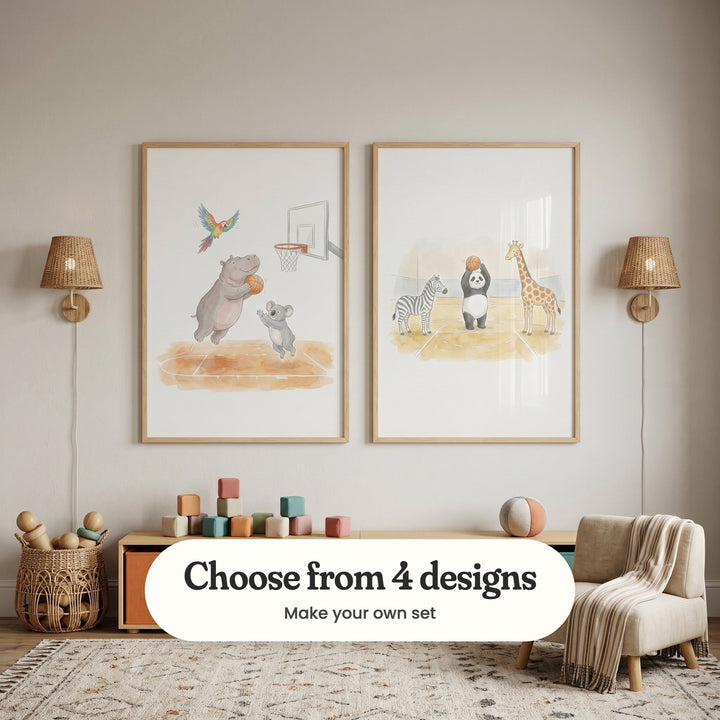 Kids' room with two animal basketball prints in light wood frames between two rattan wall lights, above a toy shelf with colorful blocks and a ball, beside a small armchair with a striped throw: Animal Basketball Fun and Wild Hoop Friends, with a label reading Choose from 4 designs, Make your own set