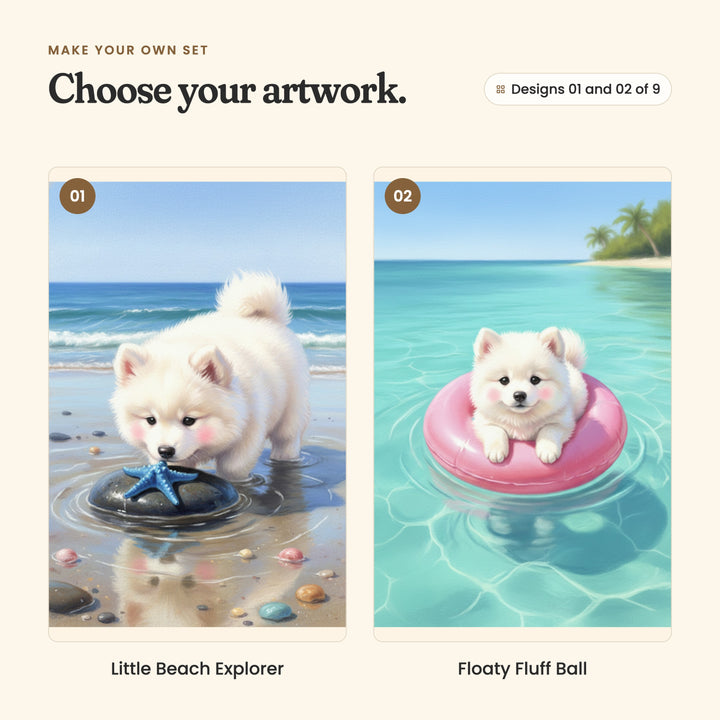 Designs 01 and 02 of 9: Little Beach Explorer, a white puppy sniffing a blue starfish on a dark rock in a shallow tide pool, and Floaty Fluff Ball, a white puppy riding a pink swim ring on clear turquoise water