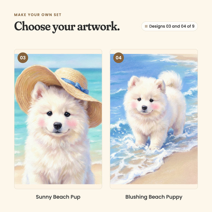 Designs 03 and 04 of 9: Sunny Beach Pup, a white puppy in a straw sun hat with a blue ribbon, and Blushing Beach Puppy, a white puppy standing in foamy waves at the shoreline