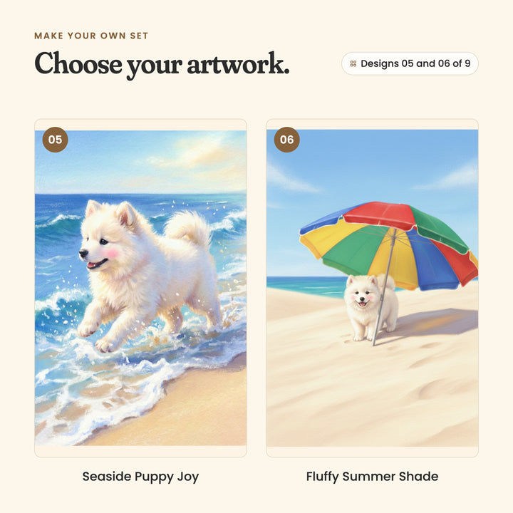 Designs 05 and 06 of 9: Seaside Puppy Joy, a white puppy running happily through splashing surf, and Fluffy Summer Shade, a small white puppy sitting on the sand under a rainbow beach umbrella