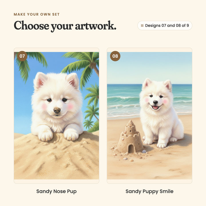 Designs 07 and 08 of 9: Sandy Nose Pup, a white puppy resting its paws on a sand dune under palm trees, and Sandy Puppy Smile, a smiling white puppy sitting beside a sandcastle