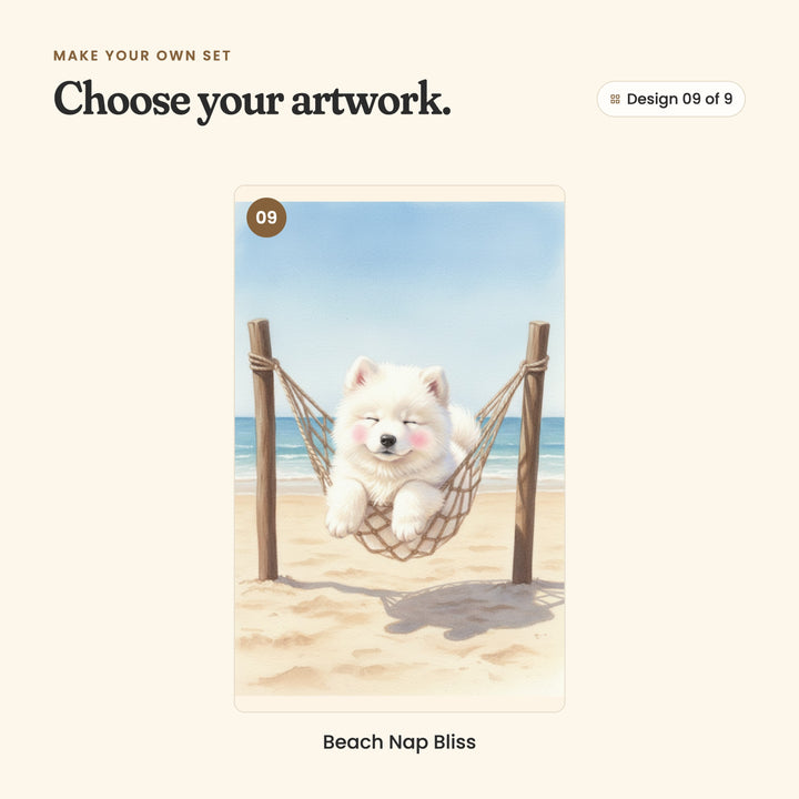 Design 09 of 9: Beach Nap Bliss, a sleepy white puppy curled in a rope hammock on the beach