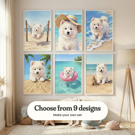 Kids' room with six puppy prints in white frames in two rows above a wooden chest, with a linen floor lamp, a plush whale and a shell cushion on a cream rug: Beach Nap Bliss, Sunny Beach Pup, Blushing Beach Puppy, Sandy Nose Pup, Floaty Fluff Ball and Sandy Puppy Smile, with a label reading Choose from 9 designs, Make your own set