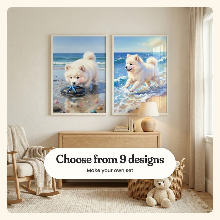 Nursery with two puppy prints in white frames above a light wood dresser with a table lamp and books, beside a rocking chair, a basket and a teddy bear: Little Beach Explorer and Seaside Puppy Joy, labeled Choose from 9 designs, Make your own set