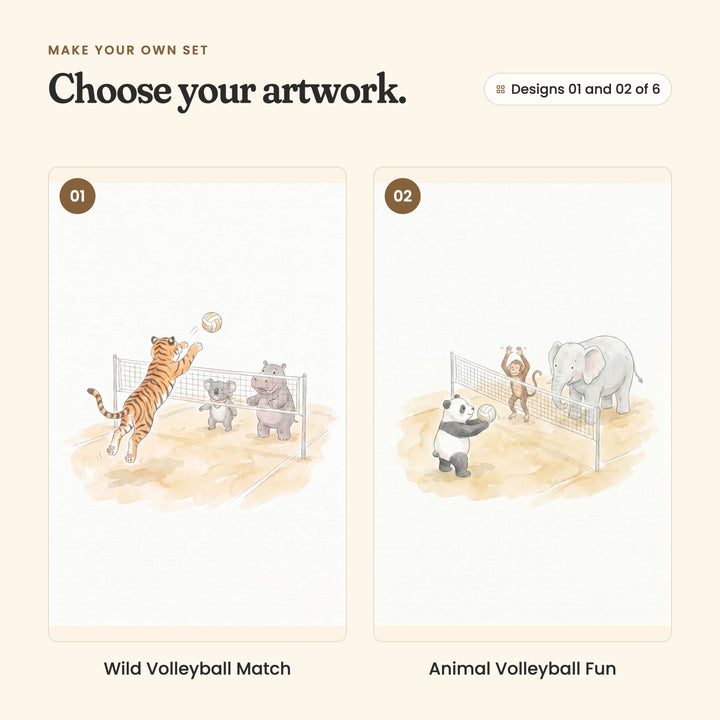 Designs 01 and 02 of 6: Wild Volleyball Match, a tiger leaping for the ball against a koala and a hippo, and Animal Volleyball Fun, a panda with the ball facing a monkey and an elephant across the net