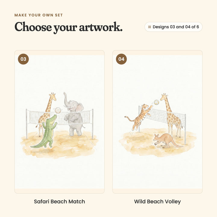 Designs 03 and 04 of 6: Safari Beach Match, a giraffe and a crocodile against an elephant at the net, and Wild Beach Volley, a tiger and a giraffe at the net with a kangaroo diving below