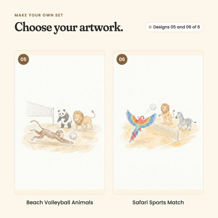 Designs 05 and 06 of 6: Beach Volleyball Animals, a monkey diving for the ball while a panda and a lion look on, and Safari Sports Match, a red, blue and yellow macaw hitting the ball toward a lion and a zebra