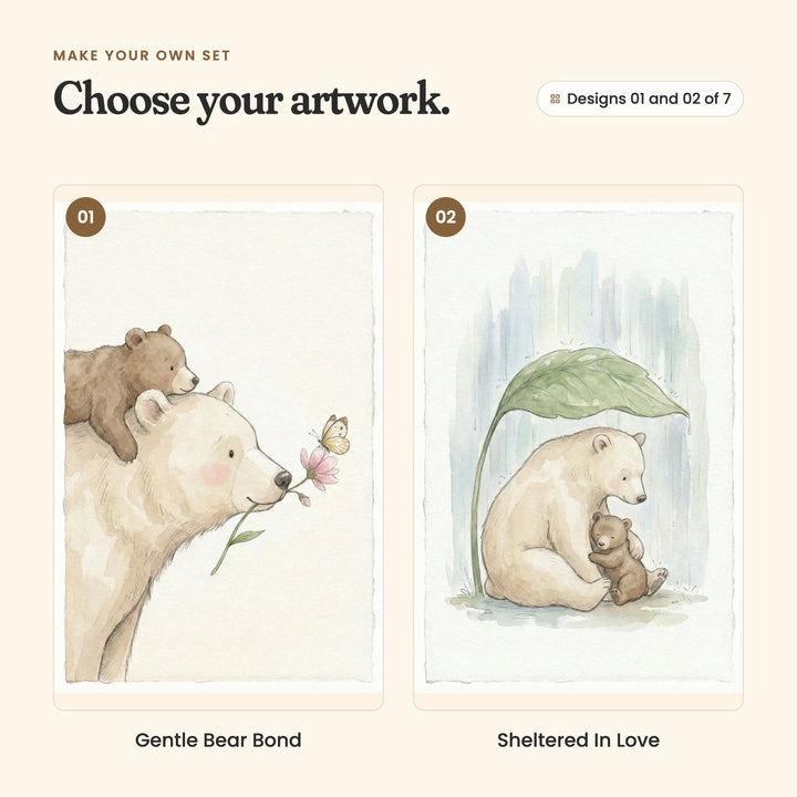 Designs 01 and 02 of 7: Gentle Bear Bond, a brown cub peeking over its cream mother's head as she sniffs a flower, and Sheltered In Love, a cream bear cuddling her brown cub under a big leaf in the rain