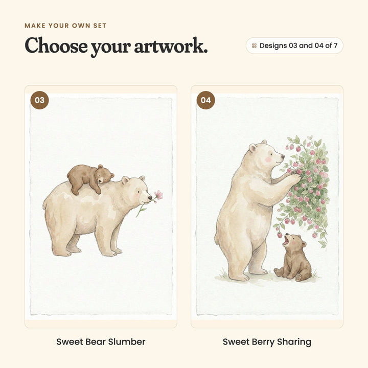 Designs 03 and 04 of 7: Sweet Bear Slumber, a brown cub asleep on its mother's back, and Sweet Berry Sharing, a cream bear picking raspberries while her cub waits below