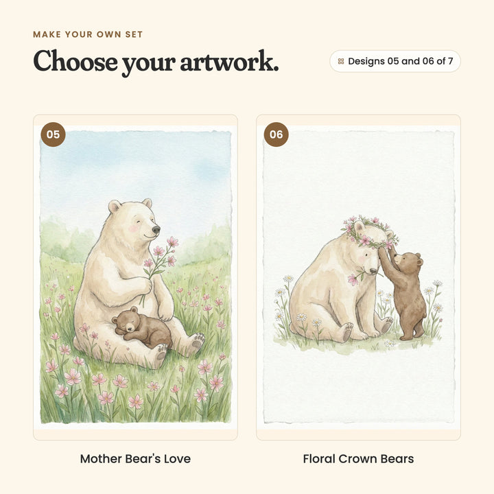 Designs 05 and 06 of 7: Mother Bear's Love, a cream bear holding pink flowers with her cub asleep in her lap, and Floral Crown Bears, a brown cub placing a flower crown on its mother's head