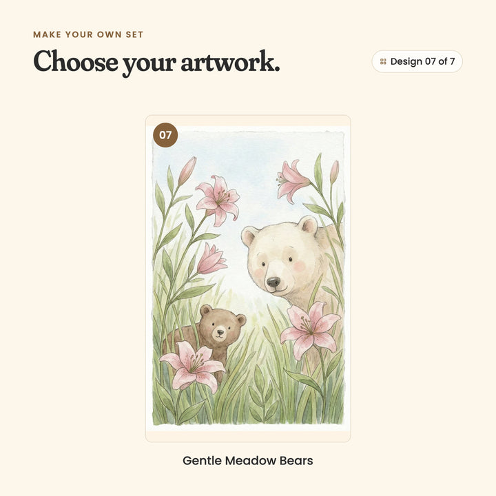 Design 07 of 7: Gentle Meadow Bears, a cream bear and her cub among tall grass and pink lilies