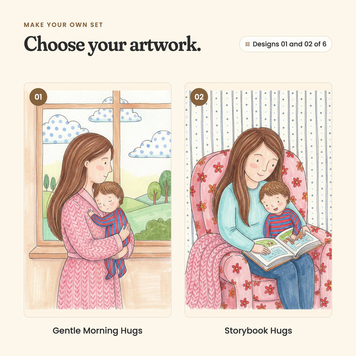 Designs 01 and 02 of 6: Gentle Morning Hugs, a mother in a pink robe holding her sleeping baby by a window, and Storybook Hugs, a mother reading a picture book with her little boy in a flowery armchair