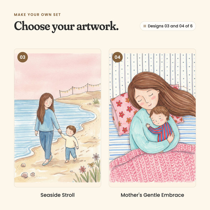 Designs 03 and 04 of 6: Seaside Stroll, a mother and her little boy walking hand in hand along the beach, and Mother's Gentle Embrace, a mother cuddling her sleeping baby under a pink knit blanket