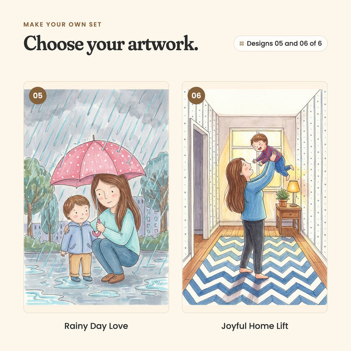 Designs 05 and 06 of 6: Rainy Day Love, a mother kneeling with her little boy under a pink polka dot umbrella, and Joyful Home Lift, a mother lifting her laughing little boy up high on a blue zigzag rug