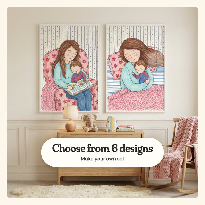 Nursery with two mother and child prints in white frames above a light wood dresser with a lamp, a plush elephant and books, beside a rocking chair with a pink knit throw: a mother reading with her little boy in a flowery armchair and a mother cuddling her sleeping baby in bed, labeled Choose from 6 designs, Make your own set