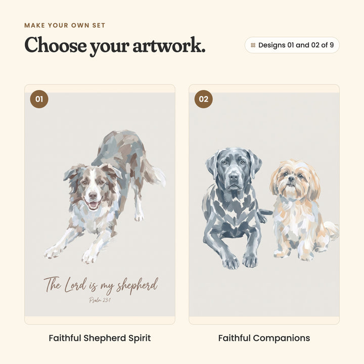 Designs 01 and 02 of 9: Faithful Shepherd Spirit, a merle border collie in a playful bow above the words The Lord is my shepherd, Psalm 23:1, and Faithful Companions, a grey Labrador lying beside a shih tzu