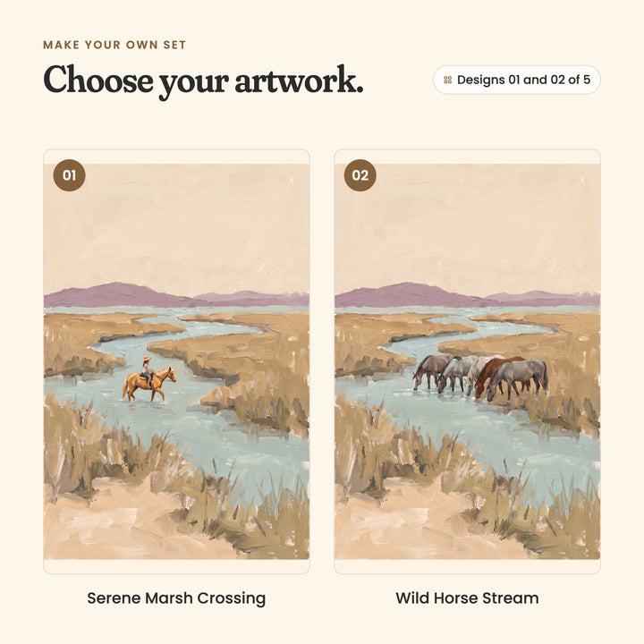 Designs 01 and 02 of 5: Serene Marsh Crossing, a rider on a golden horse crossing a winding blue stream, and Wild Horse Stream, a small herd of grey and brown horses drinking from the stream