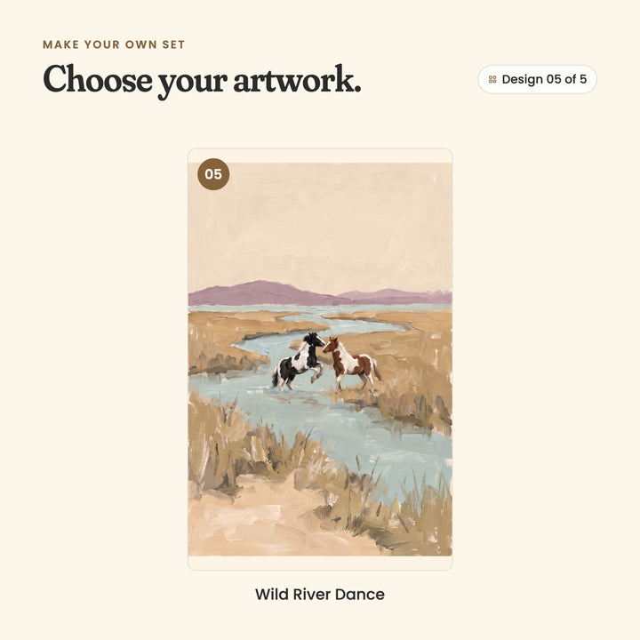 Design 05 of 5: Wild River Dance, a black and white horse rearing up beside a brown and white horse in the stream