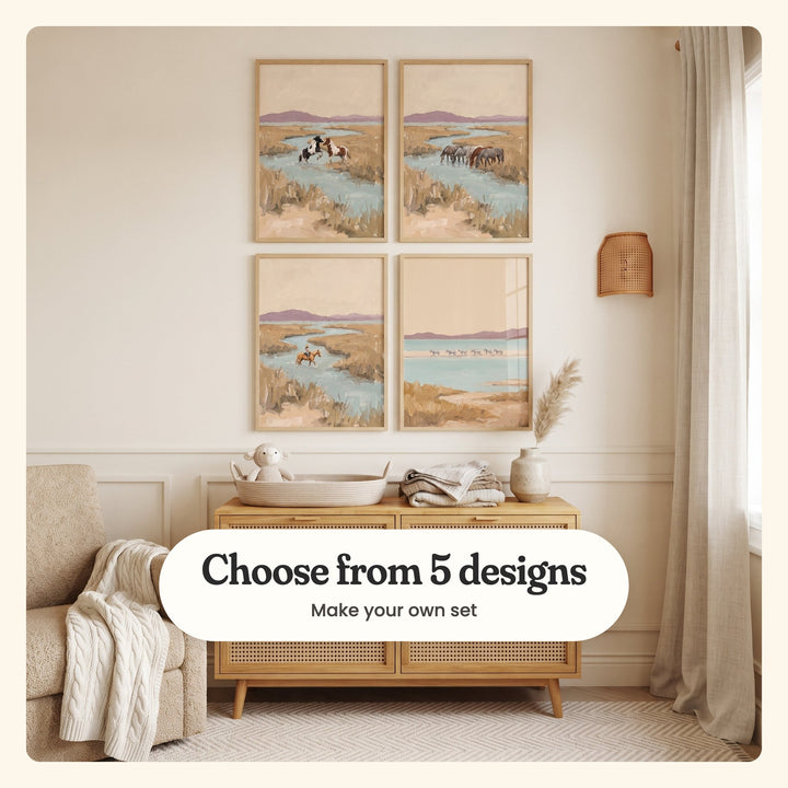 Nursery with four horse prints in light wood frames in two rows above a rattan cabinet, beside a cream armchair and a woven wall light: Wild River Dance, Wild Horse Stream, Serene Marsh Crossing and Quiet Shoreline Trek, labeled Choose from 5 designs, Make your own set