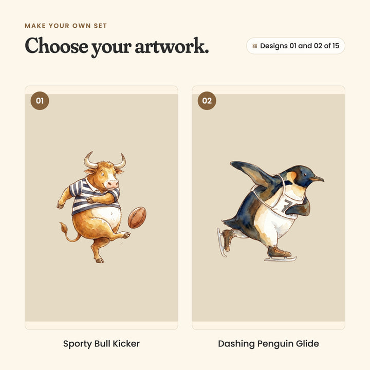 Designs 01 and 02 of 15: Sporty Bull Kicker, a bull in a striped jersey kicking an oval ball, and Dashing Penguin Glide, a blue-black penguin speed skating in bib 7