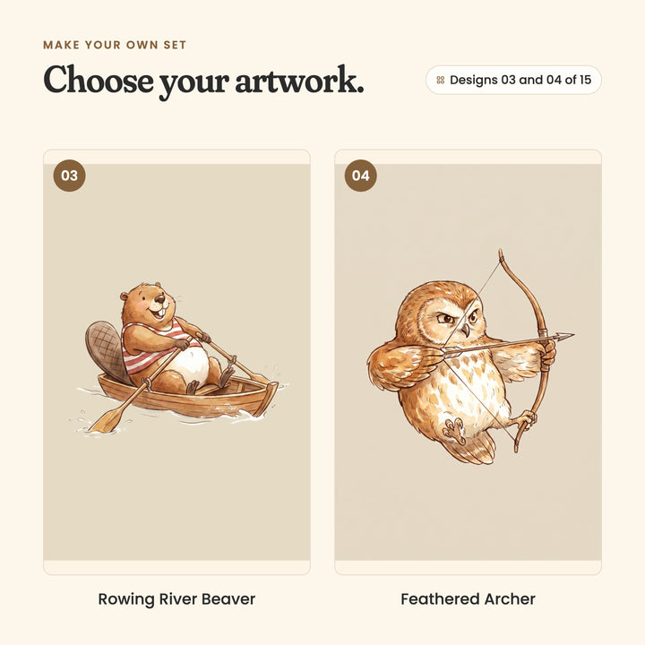 Designs 03 and 04 of 15: Rowing River Beaver, a beaver in a striped vest rowing a wooden boat, and Feathered Archer, an owl drawing a bow and arrow