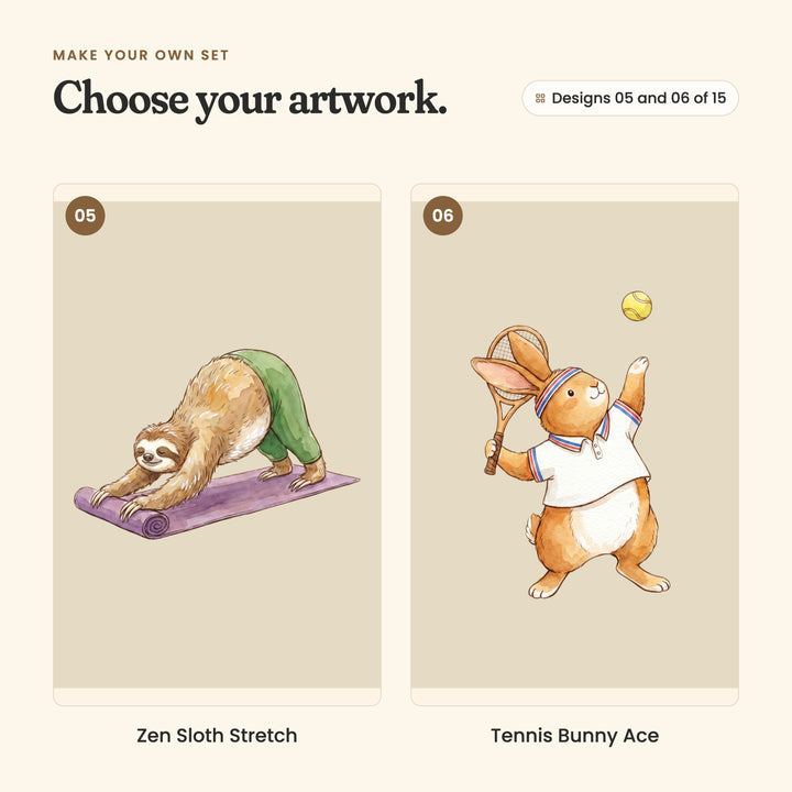 Designs 05 and 06 of 15: Zen Sloth Stretch, a sloth in green pants stretching on a purple mat, and Tennis Bunny Ace, a bunny in a white polo and headband serving