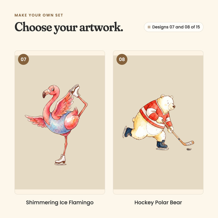 Designs 07 and 08 of 15: Shimmering Ice Flamingo, a flamingo in a sparkly blue leotard skating on one leg, and Hockey Polar Bear, a polar bear in a red jersey playing ice hockey